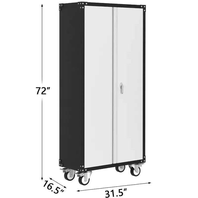 Garagekast met wielen en gatenbord, afsluitbare metalen opbergkast van 72 inch hoog met 2 deuren en 4 verstelbare planken voor garage en werkplaats