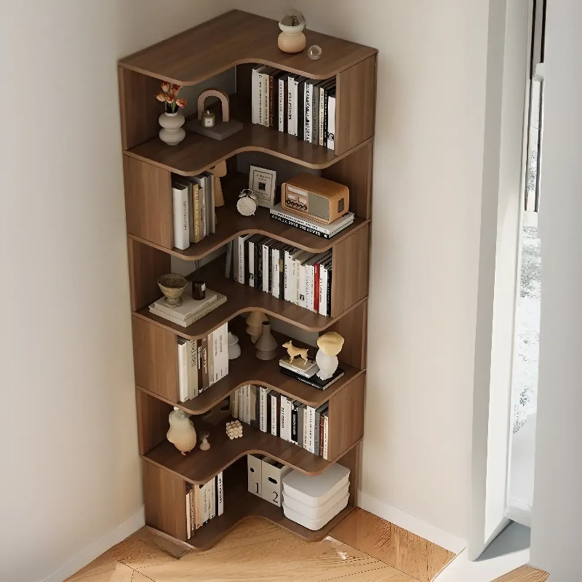 Eckbücherregal aus Holzwerkstoff mit 6 Ablagen