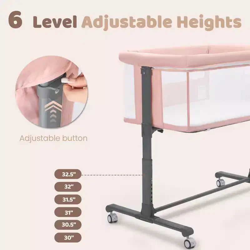 Babywiegje met wielen ??Beige / Grijs / Roze, aanschuifwiegje, voor 1 baby