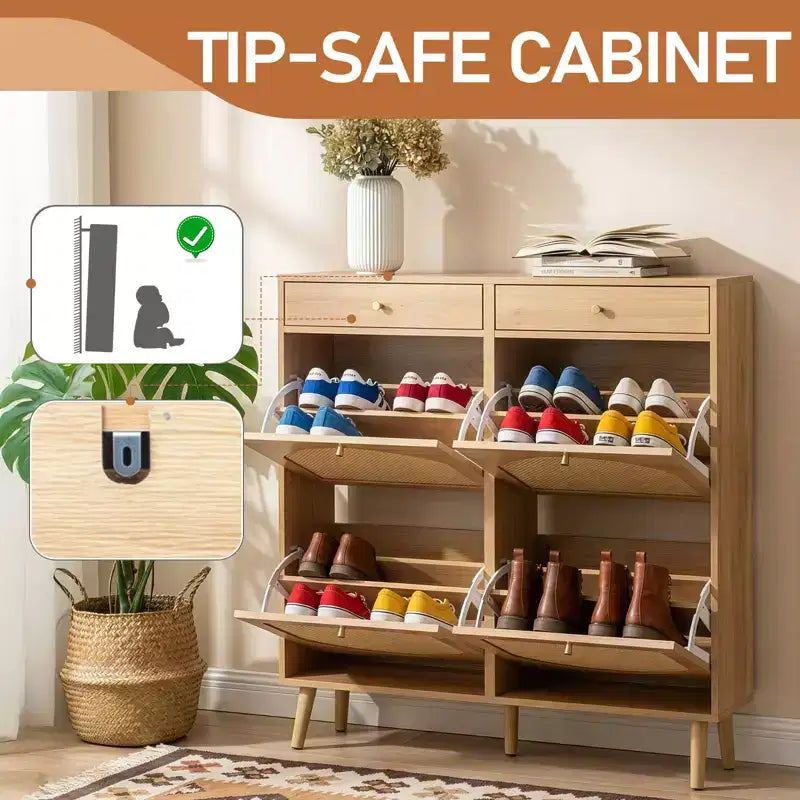 Meuble à chaussures Karl Home avec panneau en rotin, 2 tiroirs et 4 tiroirs basculants, en panneaux de particules, largeur 41,34 W