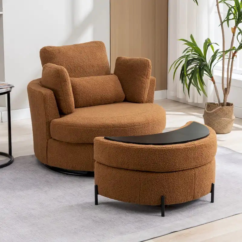 42,3W gestoffeerde draaifauteuil met 4 kussens en halvemaanvormige opberghocker