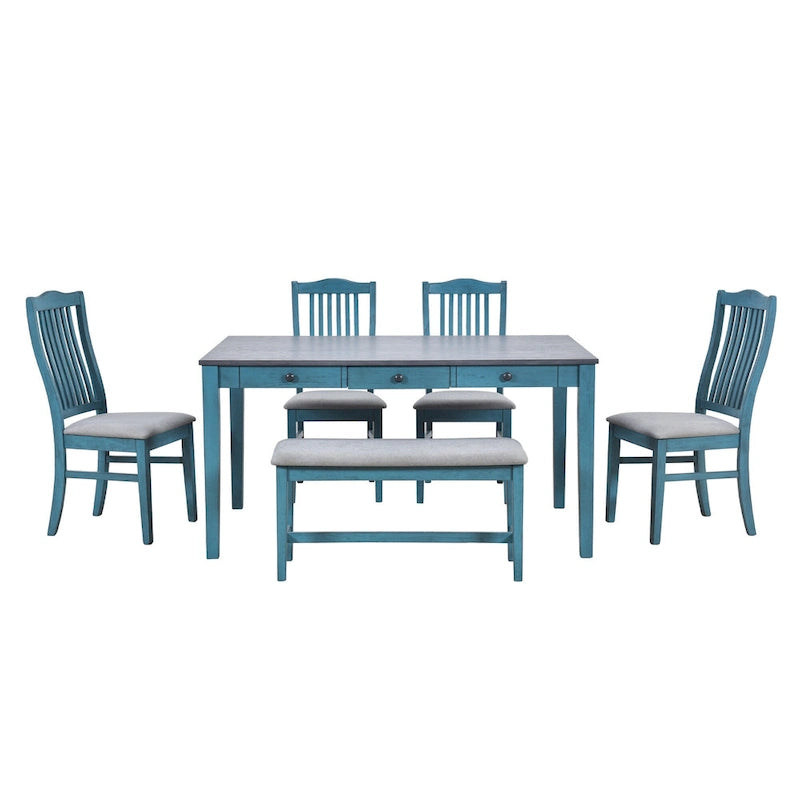 6-delige houten eetkamerset met 4 stoelen en bank, tafel met lade