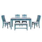 6-delige houten eetkamerset met 4 stoelen en bank, tafel met lade
