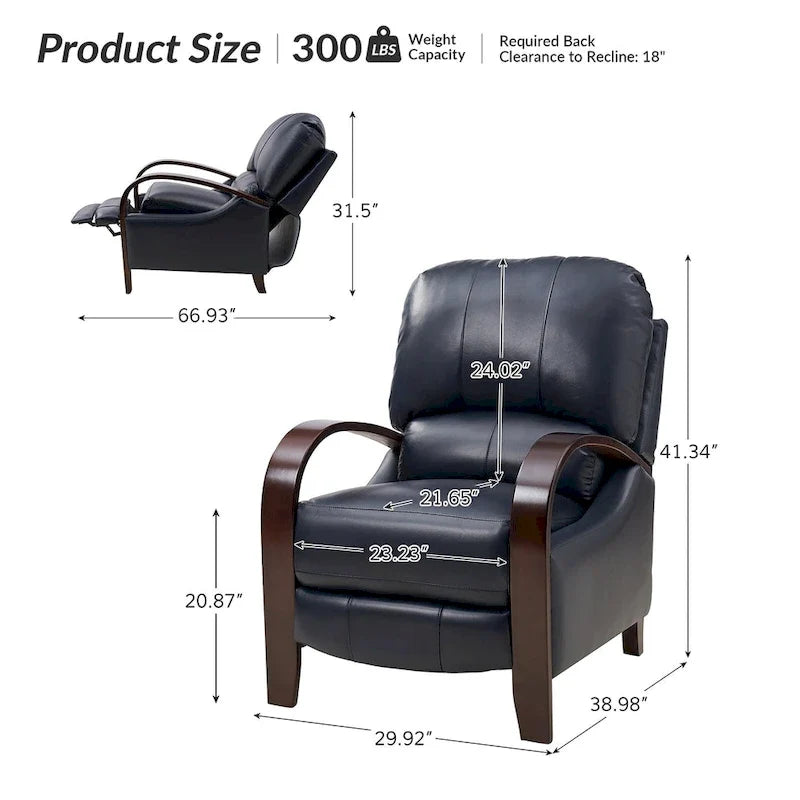 Alex moderner Relaxsessel im Mid-Century-Stil aus echtem Zigarrenleder mit manueller Verstellung und geschwungenen Holzarmlehnen