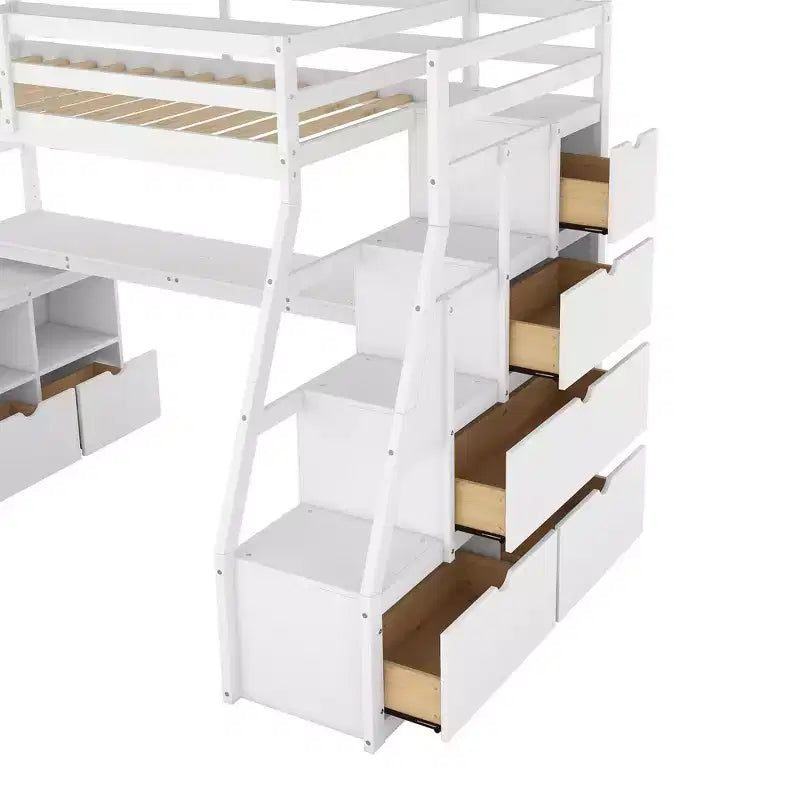 Hochbett in Einzelbettgröße mit 7 Schubladen, 2 Regalen, Schrank und Schreibtisch für Kinder und Jugendliche