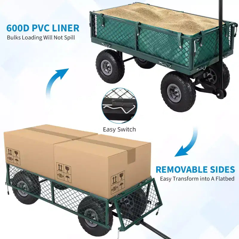 Chariot de jardin en acier robuste, 226,8 kg, chariot utilitaire pliable avec côtés en filet et doublure amovibles, 10 pneus gonflables, poignée de traction