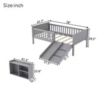 Whisen Twin Size Low Loft Bed Frame for Kids with Slide, Movable Bookshelf Storage, Guardrails, Low Loft Bed Frame