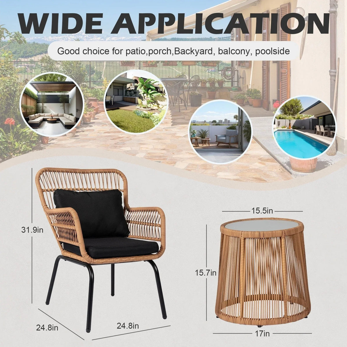3-delige bistroset van wicker voor buiten, weerbestendige rotan tuinmeubelset met stoelen en kussens