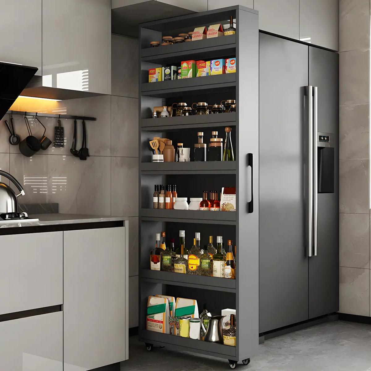 Moderner Buffetschrank aus Holz mit offenen Regalen und Rollen