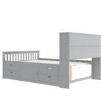 Lit plateforme de capitaine Twin/Full avec 4 tiroirs et étagères de rangement, structure en bois massif avec tête de lit bibliothèque et rangements