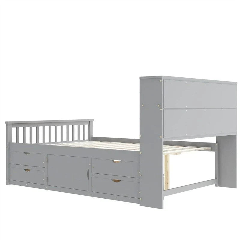 Lit plateforme de capitaine Twin/Full avec 4 tiroirs et étagères de rangement, structure en bois massif avec tête de lit bibliothèque et rangements