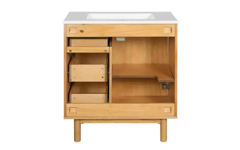 JVNOXK 30-inch rustiek-moderne keramische wastafelkast met 3 laden en 1 grote deur met softclose, opbergkast, natuurlijke houtnerf