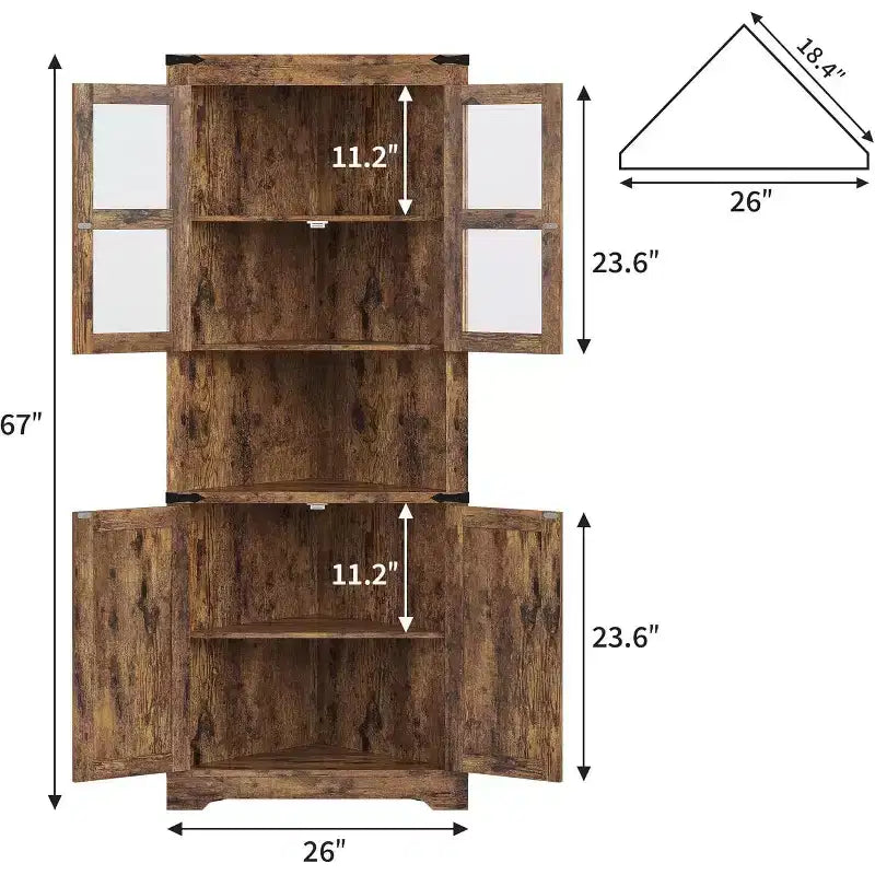 69 Zoll hoher Eckschrank im Landhausstil, platzsparender Eckschrank mit Glastür und verstellbaren Regalböden für Wohnzimmer und Küche