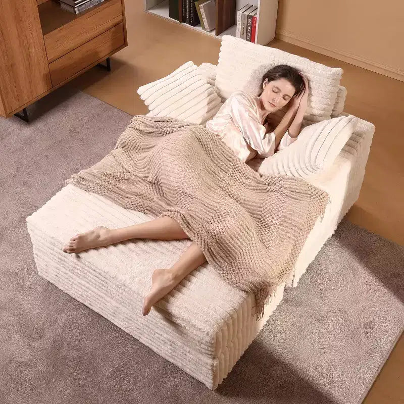 Fauteuil méridienne surdimensionné d’intérieur avec pouf de rangement, canapé-lit en velours côtelé rembourré style nuage avec 3 coussins, fauteuil convertible une place