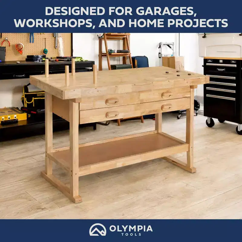 Olympia Tools 60 Zoll Werkbank aus Gummibaumholz mit 4 Schubladen, Tragfähigkeit 450 lb