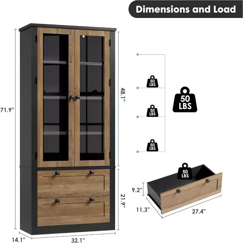 Küchenvorratsschrank im Landhausstil mit Glastüren, 183 cm hoher Aufbewahrungsschrank mit Schubladen und verstellbaren Einlegeböden für Esszimmer, Badezimmer und Wohnzimmer