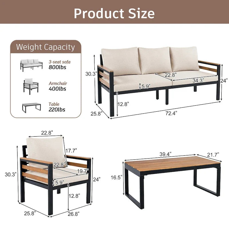 Ensemble de canapé d’extérieur de 4 pièces pour 5 personnes avec table basse en bois massif et coussins amovibles