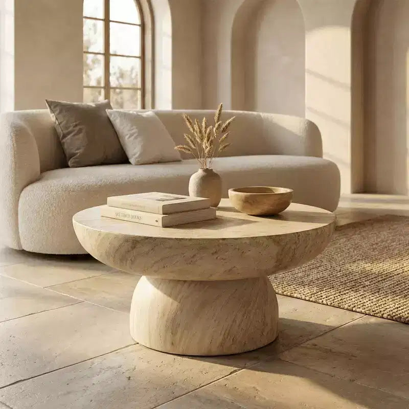 Table basse ronde à piédestal en fiberstone, table d’appoint sculptée pour intérieur et extérieur avec patins antidérapants