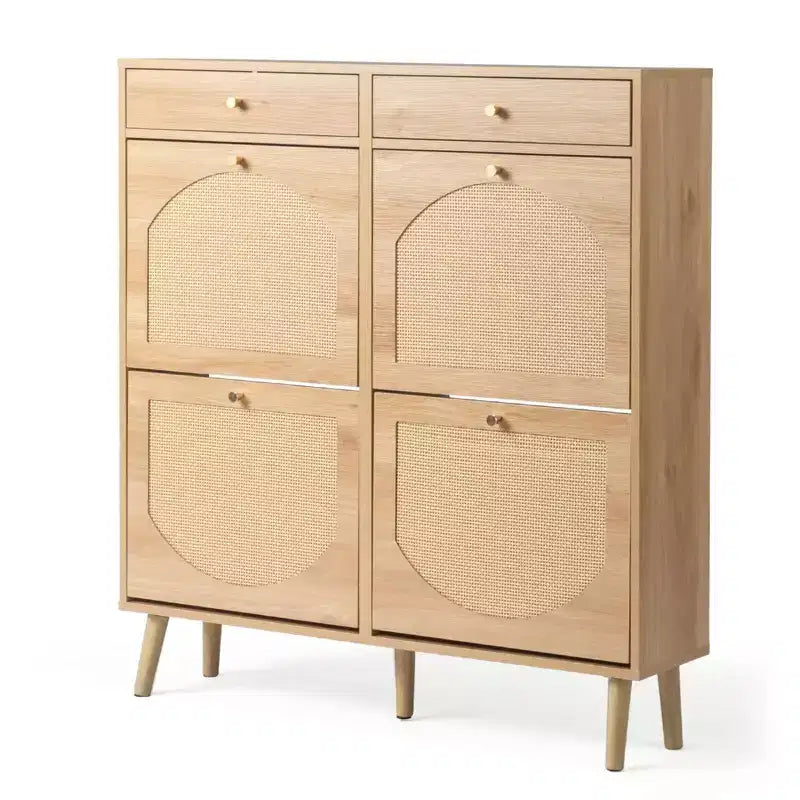 Meuble à chaussures Karl Home avec panneau en rotin, 2 tiroirs et 4 tiroirs basculants, en panneaux de particules, largeur 41,34 W