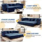 Whisen Samt-Schlafsofa in King-Size mit Ausziehfunktion und 3-in-1-Funktion, wandelbares Schlafsofa mit beweglichem Hocker und Steppdesign