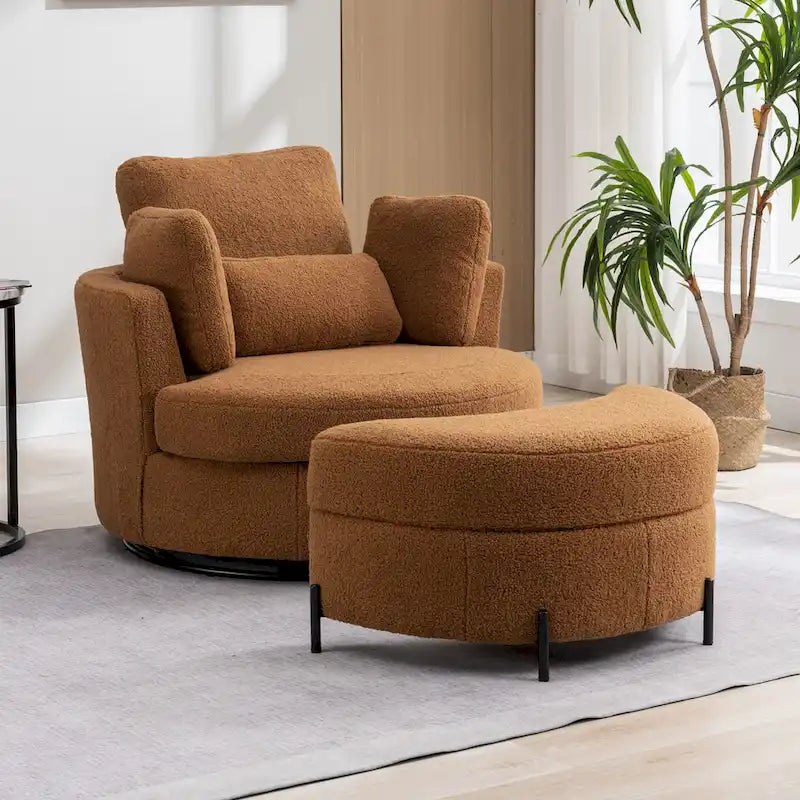 42,3W gestoffeerde draaifauteuil met 4 kussens en halvemaanvormige opberghocker