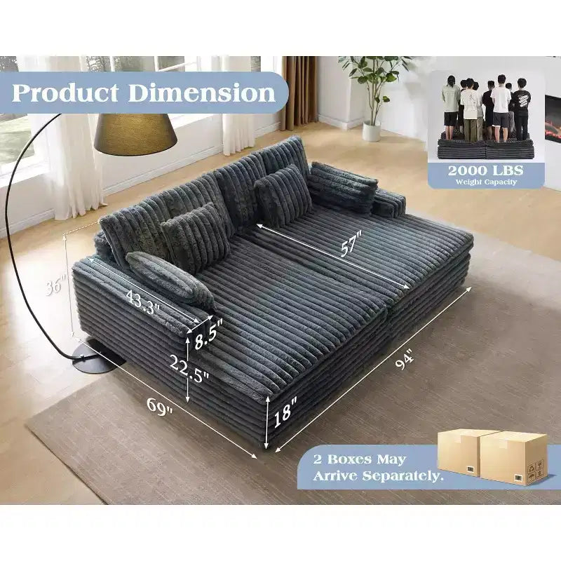 AMERLIFE 93-Zoll-Doppel-Chaiselongue-Sofa für zwei Personen, tiefes Cloud-Sofa mit Lendenkissen und breiten Armlehnen, einfache Montage, Kunstfell
