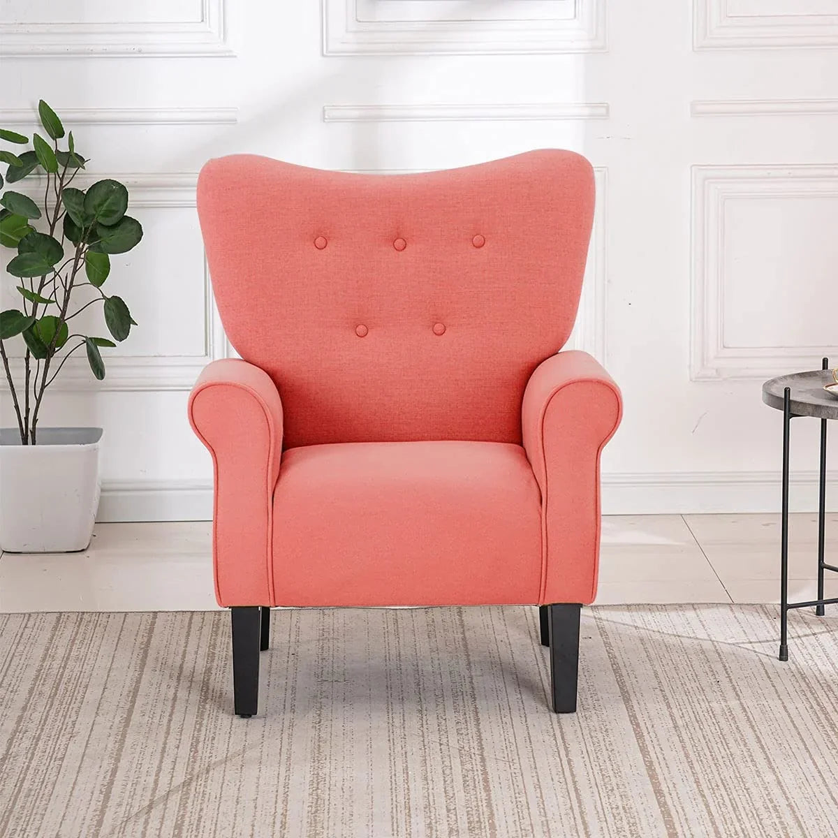 Erommy moderne accentstoel, fauteuil met hoge rugleuning, gestoffeerde stoffen fauteuil met knopen en houten poten voor de woonkamer