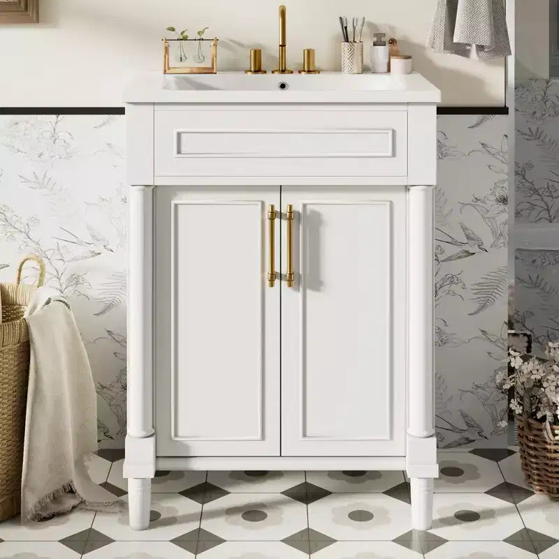 24-Zoll-Badezimmerunterschrank mit Keramikwaschbecken, Shaker-Schrank, 2 Türen mit Soft-Close-Funktion und Rahmen aus Massivholz für kleine Badezimmer oder Gäste-WCs