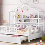 Acekool Full Size House Bed Frame with Twin Trundle, Storage Drawers & Shelves, Roof & Fence, Kids Platform Bed, White
