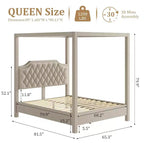 Queen Size Canopy Bed Frame with Poles 4 Corner Bed Bracket, Solid Wood Slats Support, No Box Spring Needed, Noise Free