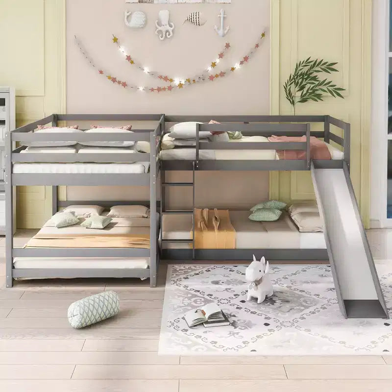 L-vormig stapelbed voor 4 kinderen, vierpersoons stapelbed met glijbaan, houten stapelbedframe met full- en twinbed voor slaapkamer of slaapzaal