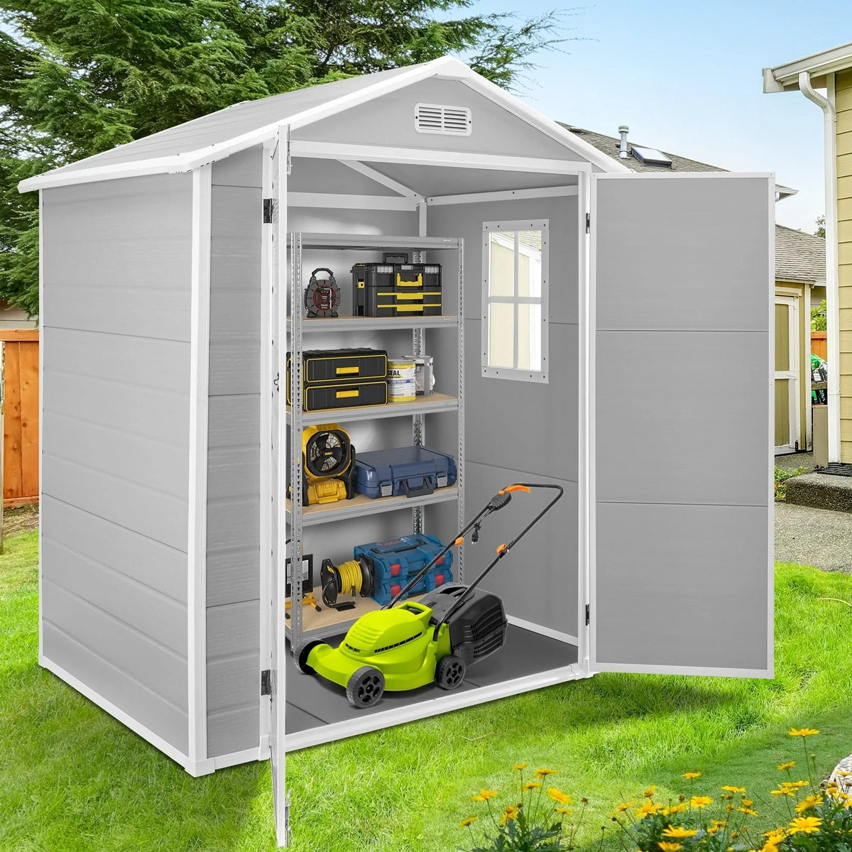 Opslagschuur van 6 ft x 4 ft/6 ft x 8 ft/8 ft x 6 ft/8 ft x 10 ft, weerbestendig kunststofhars voor buiten met vloer, gereedschapsschuur met puntdak