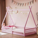 Bodenbett für Kinder, Zeltbett in Einzelgröße, Montessori-Bodenbett mit Lattenrost und Schutzgittern, Holzhaus-Bettrahmen für Jungen und Mädchen