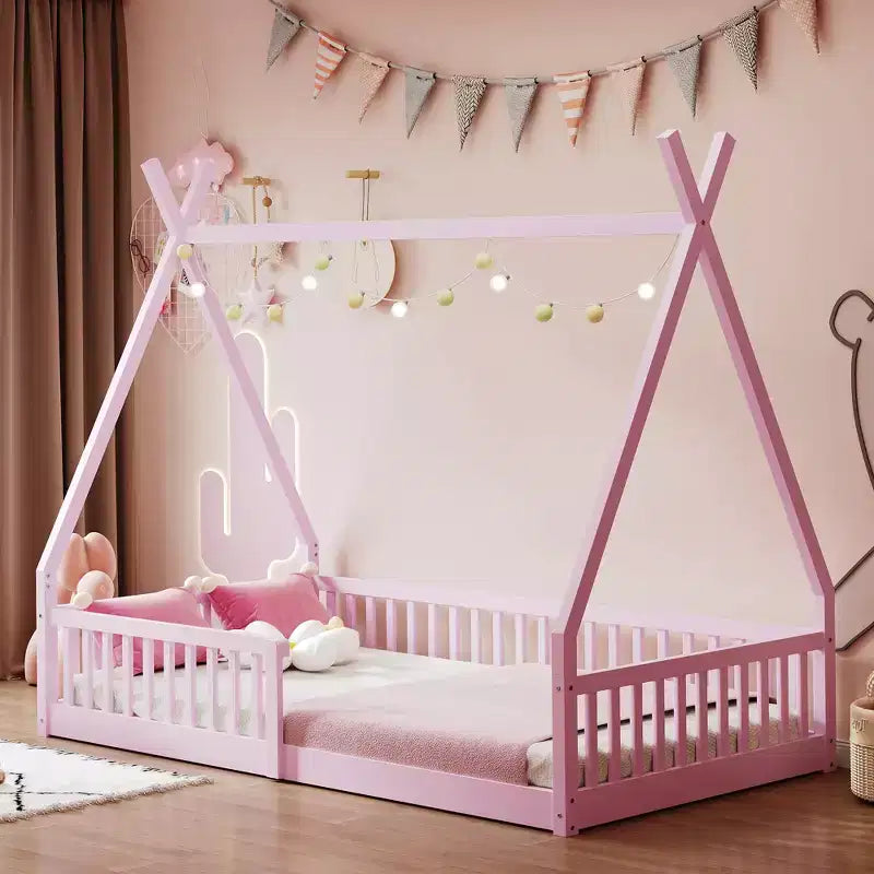 Bodenbett für Kinder, Zeltbett in Einzelgröße, Montessori-Bodenbett mit Lattenrost und Schutzgittern, Holzhaus-Bettrahmen für Jungen und Mädchen