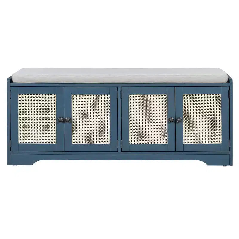Banc de rangement rustique en bois Whisen, banc à chaussures pour entrée avec coussin amovible et étagères réglables