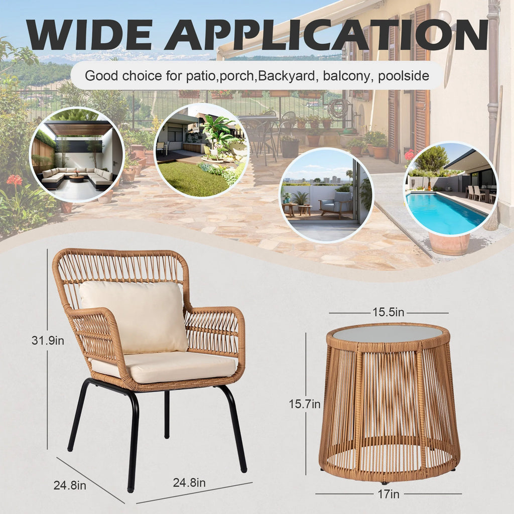 3-delige bistroset van wicker voor buiten, weerbestendige rotan tuinmeubelset met stoelen en kussens
