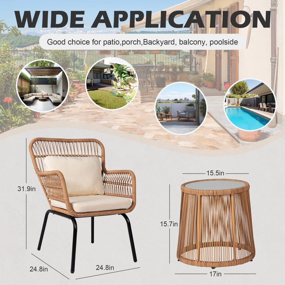3-delige bistroset van wicker voor buiten, weerbestendige rotan tuinmeubelset met stoelen en kussens