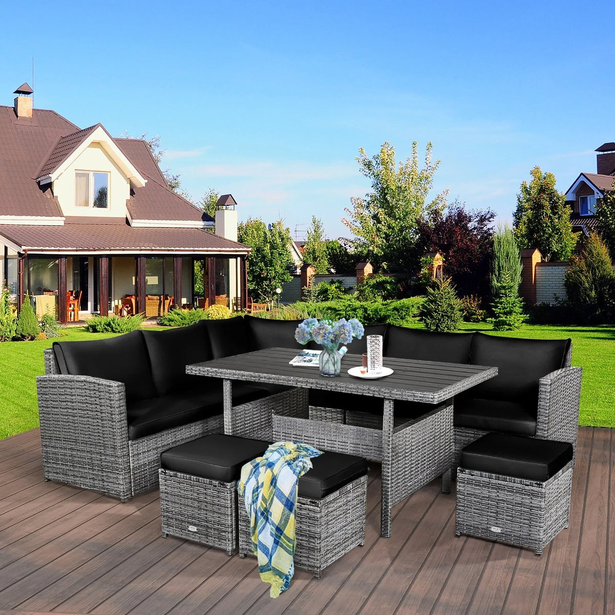Costway Ensemble repas de jardin en rotin de 7 pièces, canapé d’angle, canapé et pouf — Voir les détails