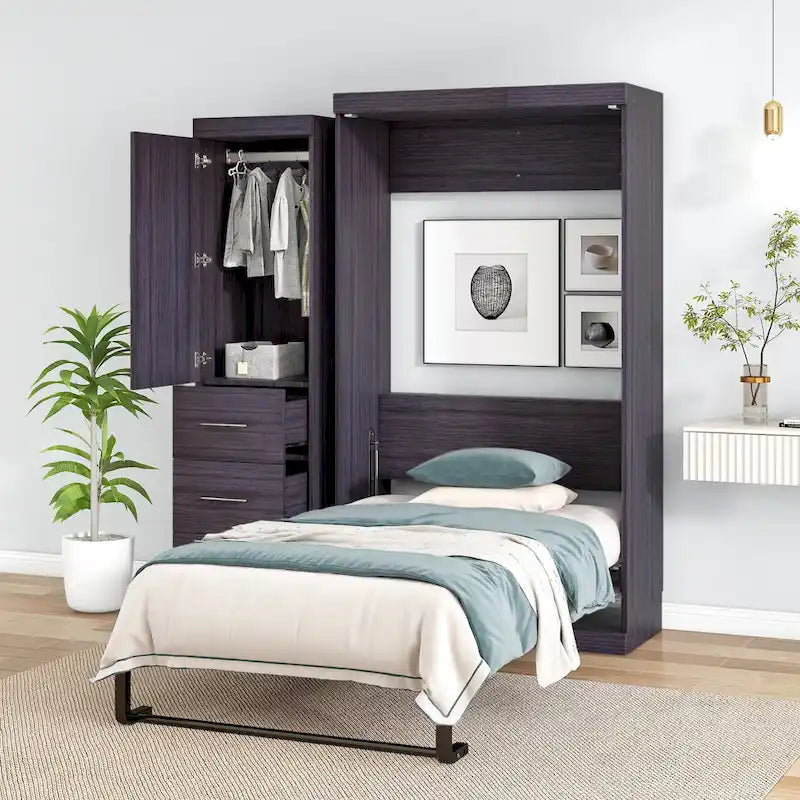 Graues klappbares Schrankbett mit Kleiderschrank und 3 Schubladen, Doppelbett/Einzelbett, für 1 Person