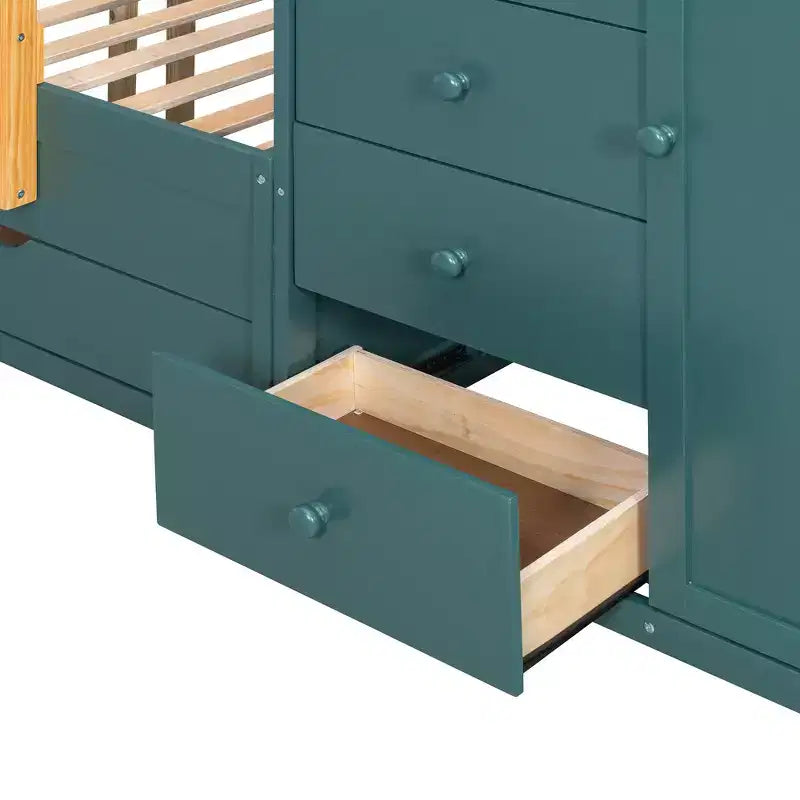 Lit superposé deux places sur deux places avec armoire de rangement et tiroirs, lit superposé en bois deux places gain de place avec barrière de sécurité pour appartement et chambre