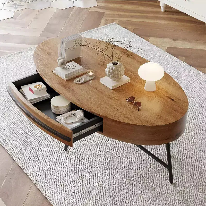 Ovaler Couchtisch von Acekool mit Schublade, 47,2 Zoll großer Holz-Stauraumtisch mit gekreuzten Metallbeinen, moderner Mitteltisch im Mid-Century-Stil in Natur und goldenem Weidenholz