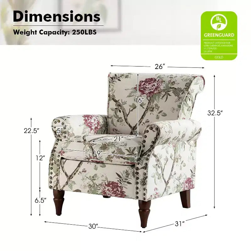 Fauteuil traditionnel Araceli en bois, rembourré à motif floral, avec dossier à oreilles et bordure cloutée| ART OF LIVING DESIGNS