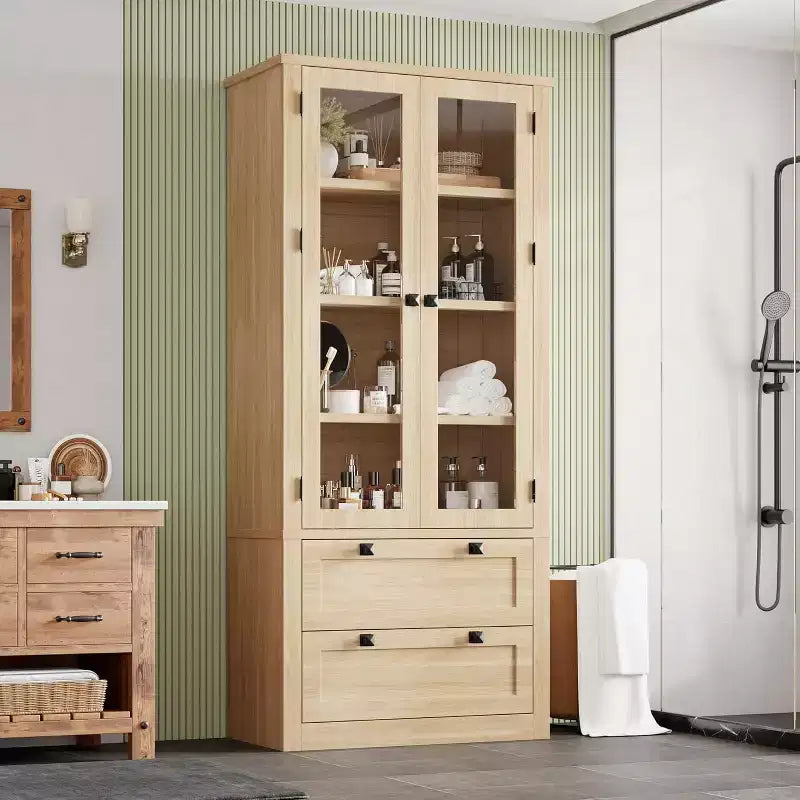 Küchenvorratsschrank im Landhausstil mit Glastüren, 183 cm hoher Aufbewahrungsschrank mit Schubladen und verstellbaren Einlegeböden für Esszimmer, Badezimmer und Wohnzimmer