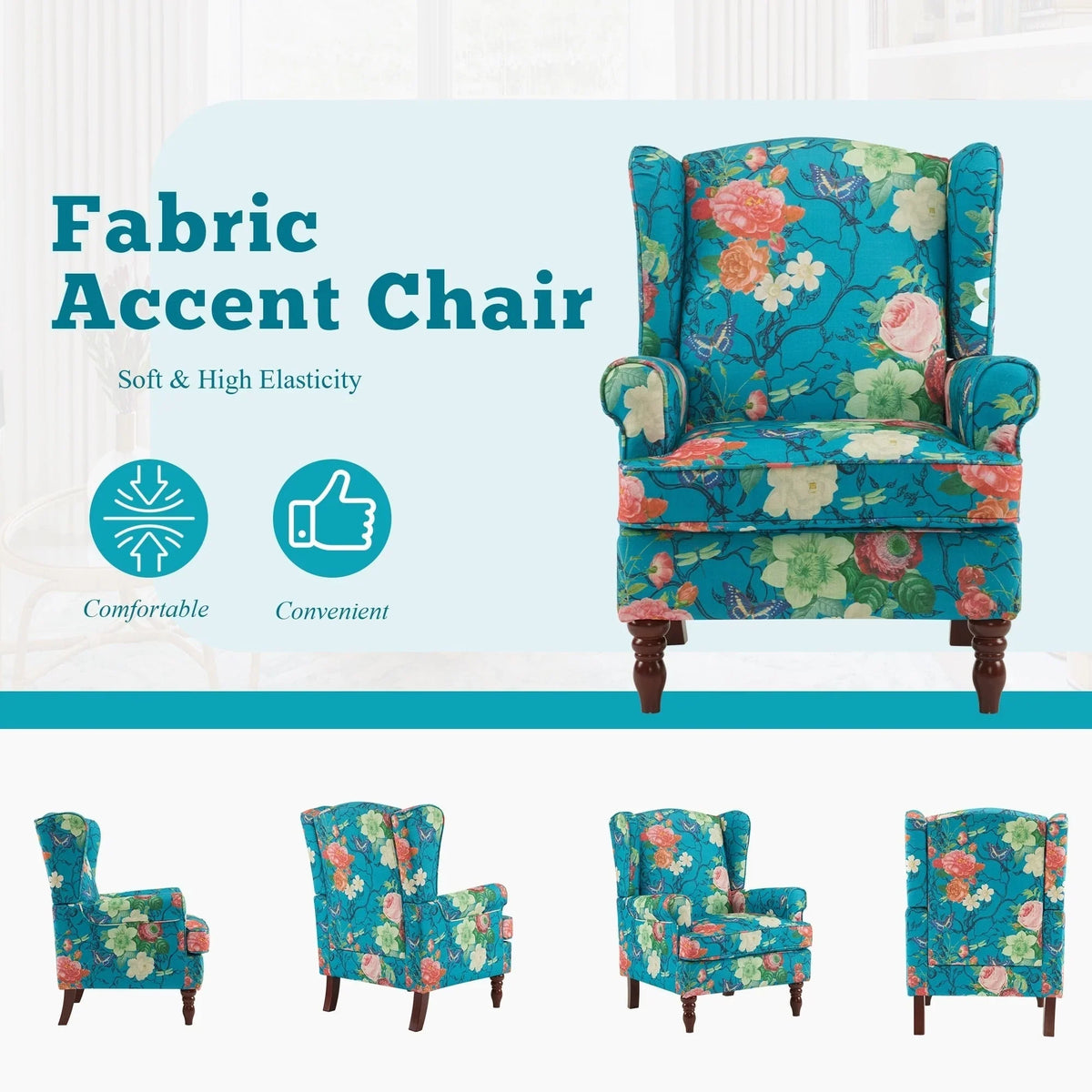Erommy moderne accentstoel, fauteuil met hoge rugleuning, gestoffeerde stoffen fauteuil met knopen en houten poten voor de woonkamer