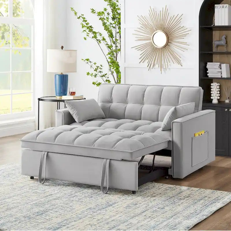 Loveseat-Schlafsofa 4-in-1 mit Armlehnen und Aufbewahrungstaschen, multifunktionales getuftetes Ausziehsofa mit verstellbarer Rückenlehne