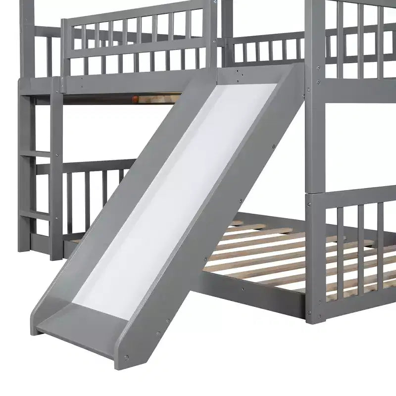 Dreistöckiges Etagenbett Full über Full mit umbaubarer Leiter und Rutsche, dreistöckiges Bett mit Sicherheitsgittern, Weiß/Grau/Espresso – ModernLuxe