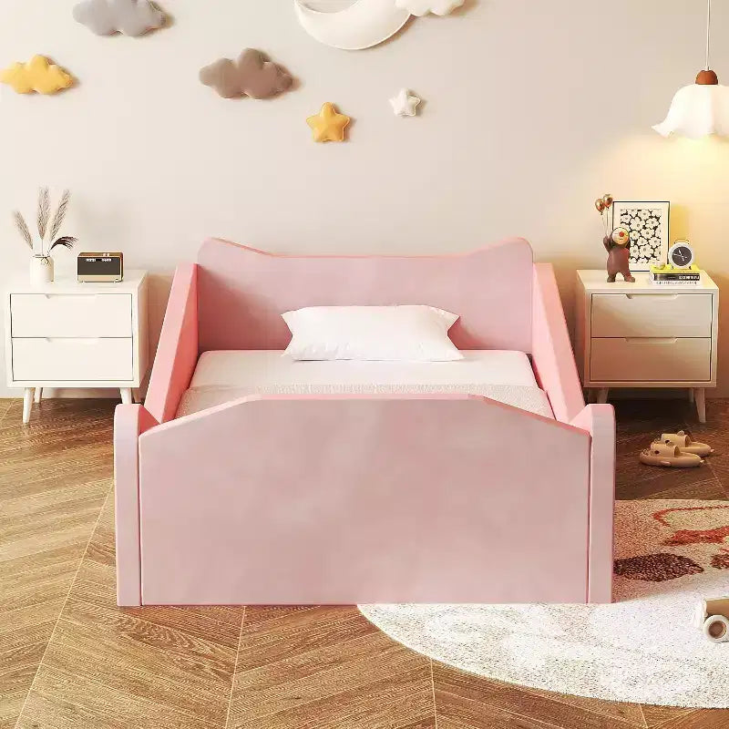 JOYMOR-Kinderbett, Bodenbett mit Sicherheitsgitter, Montessori-Kinderbett mit Tierohren-Formen, Rosa