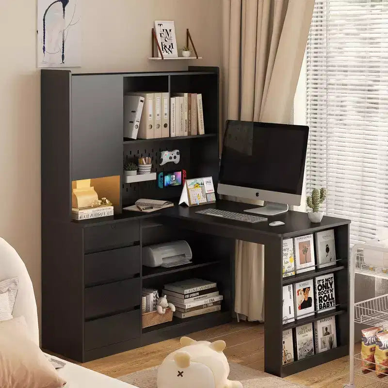 117-cm-Eckschreibtisch in L-Form mit Bücherregal und Schubladen