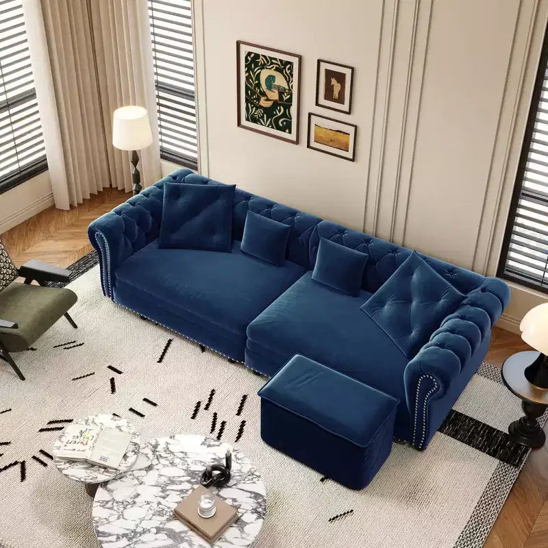Whisen Samt-Schlafsofa in King-Size mit Ausziehfunktion und 3-in-1-Funktion, wandelbares Schlafsofa mit beweglichem Hocker und Steppdesign