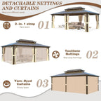 EROMMY Pavillon mit festem Dach, Outdoor-Pergola mit Doppeldach, Netzvorhängen und Vorhängen, robustes Vordach für Terrasse, Garten und Poolpartys